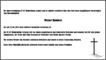 Der FC-07 Heidelsheim trauert um Werner Humbert!